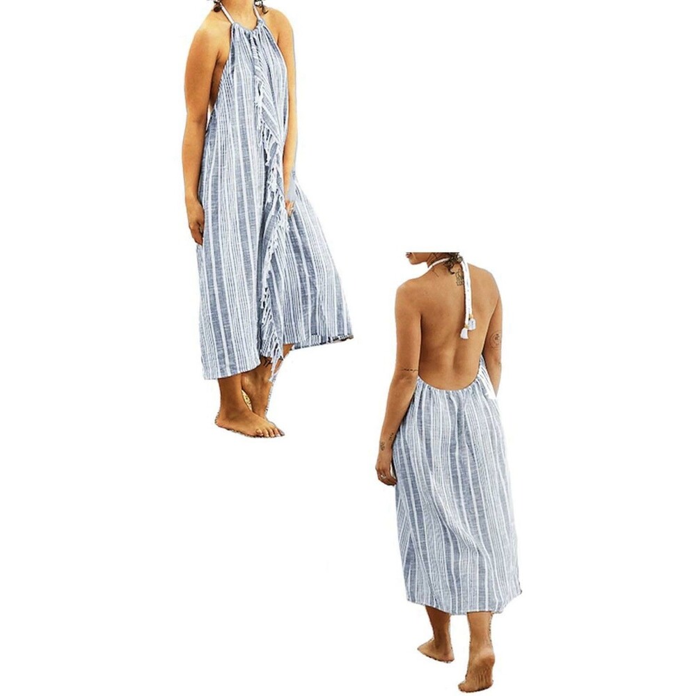 NWT Aerie Fringe Halter Maxi Dress Cotton Gauze Blue Stripe Womens Size M Beach